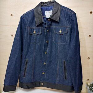 Pamela McCoy Dark Blue Denim Jacket with Black Leather Trim